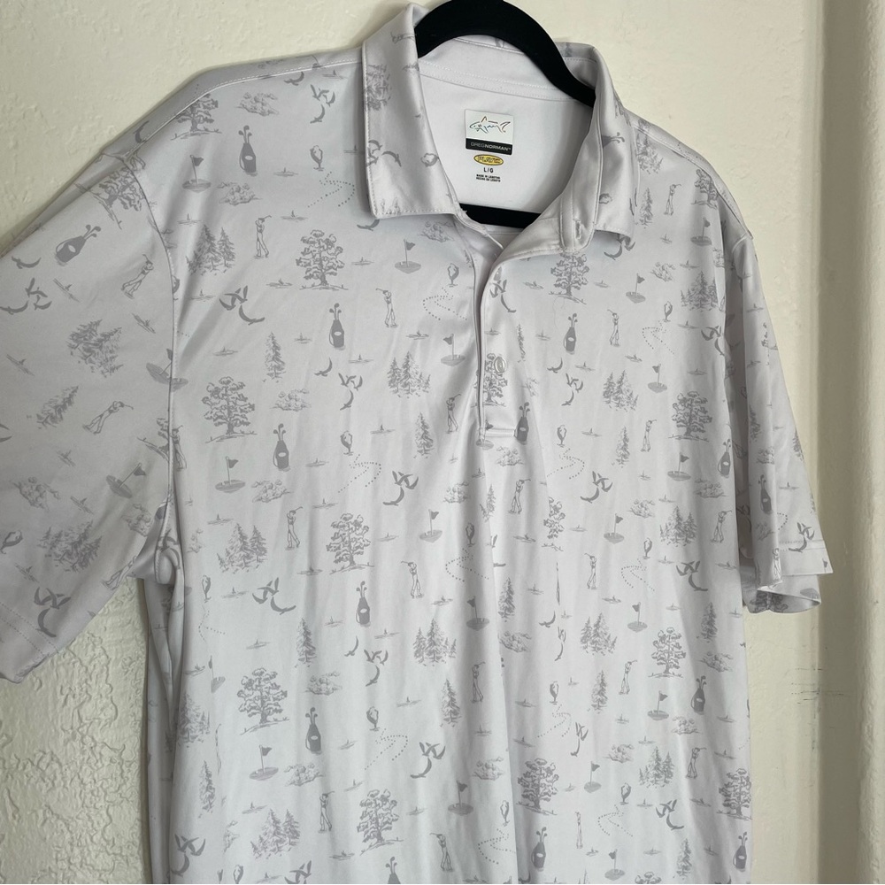 Greg Norman PlayDry White with Allover Golf Images Polo L